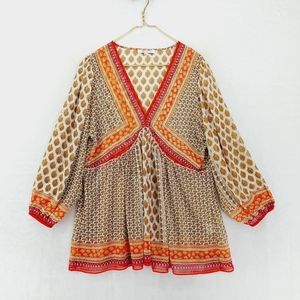 Rose+Olive Multi Color Boho V-Neck Floral Print Top P4872